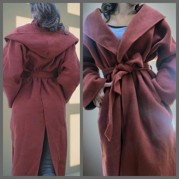 Bagel Inc. Statement Jackets & Blazers - NWT 90% Wool Elegant Hooded Rust Red/Brown Belted Oversize Coat